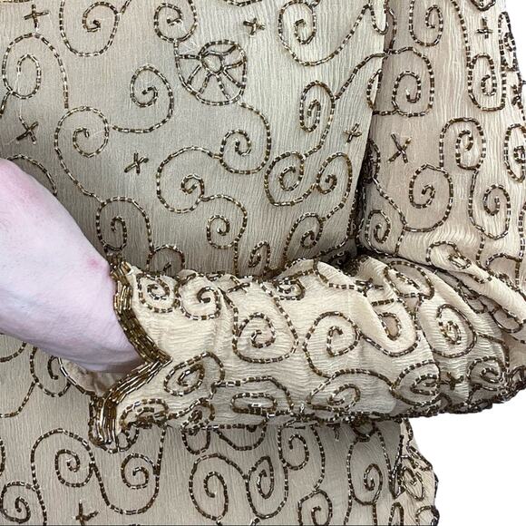 Vintage silk beaded‎ tan blouse scalloped swirls small 90's - Picture 3 of 8